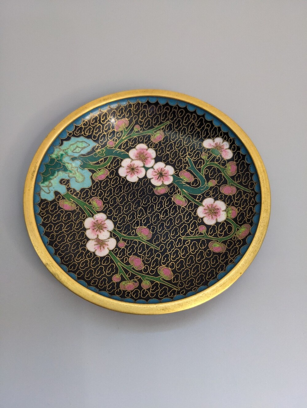 Chinese Cloisonne Floral Trinket Dish Black And Blue Enamel Mini Saucer 60s